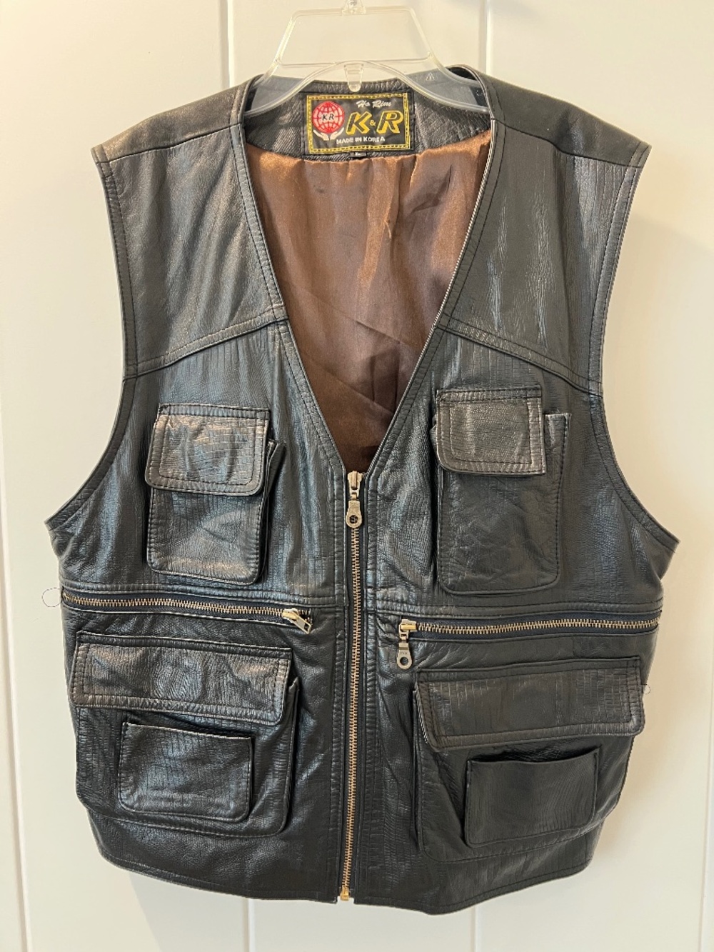 K&R Vintage Black Leather Multi-Pocket Vest — Made in Korea